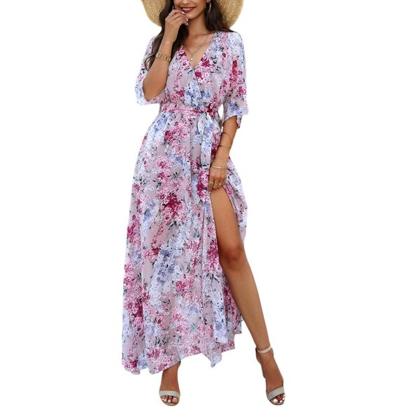 Women's Floral V Neck Maxi Dress Casual Summer Wedding Party Dress